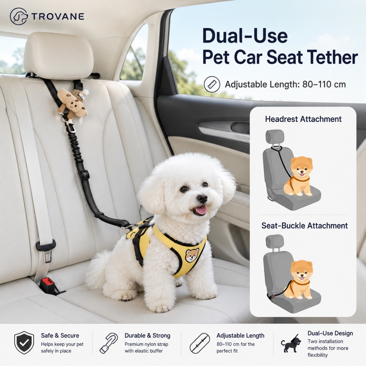 adjustable dual-use pet car seat tether