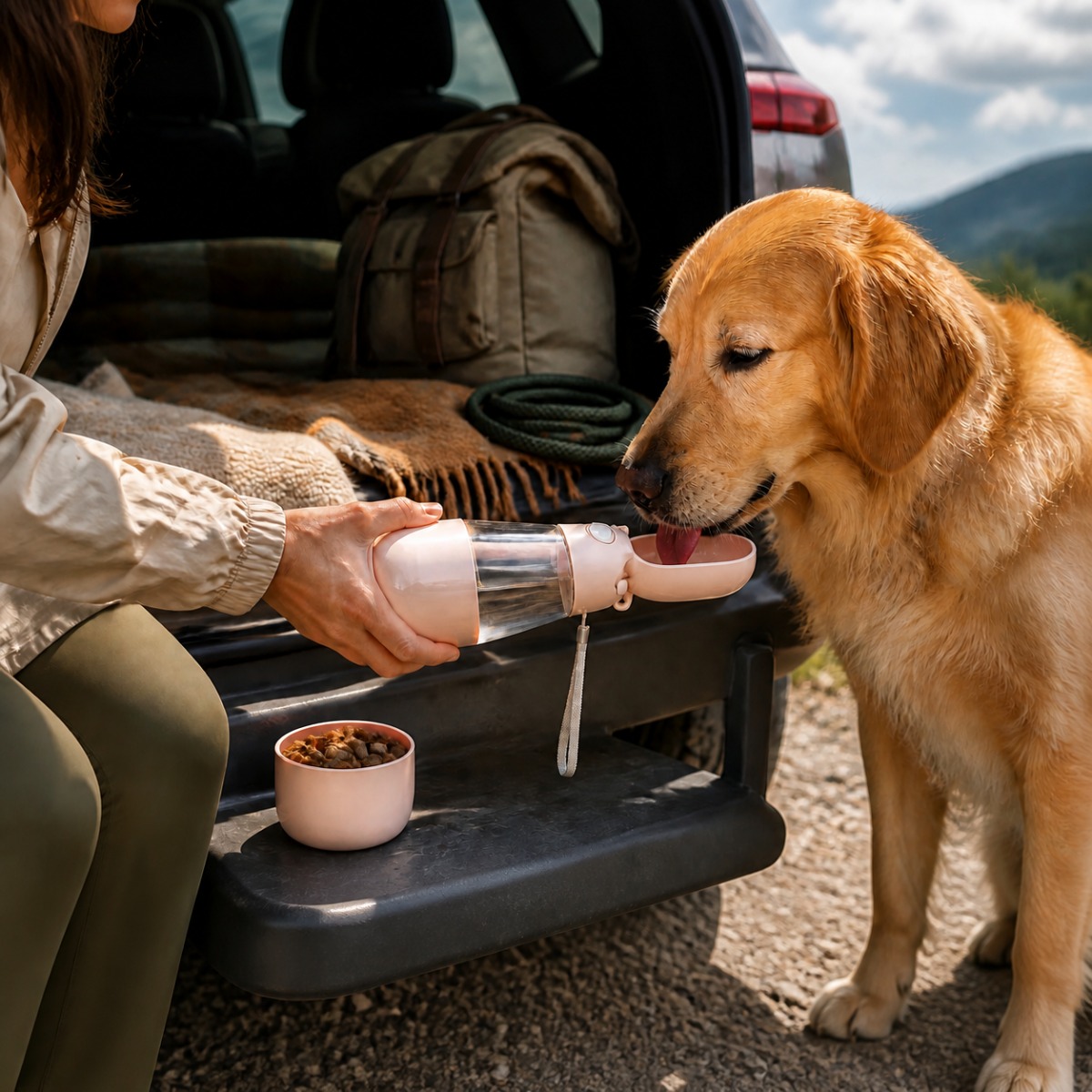 2-in-1 pet water bottle with foldable feeding bowl